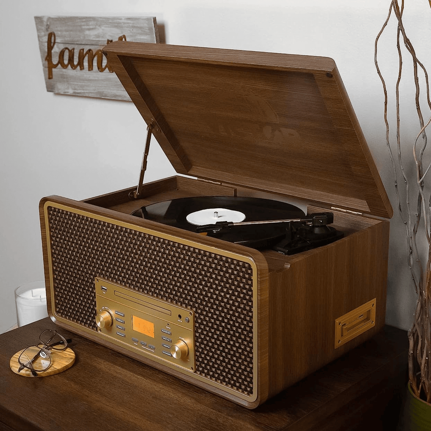 Monument 8-in-1 Wood Music Center Record Player Bluetooth CD Cassette Vinyl Radio