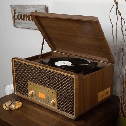 Monument 8-in-1 Wood Music Center Record Player Bluetooth CD Cassette Vinyl Radio
