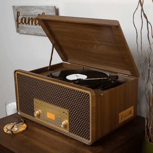 Monument 8-in-1 Wood Music Center Record Player Bluetooth CD Cassette Vinyl Radio