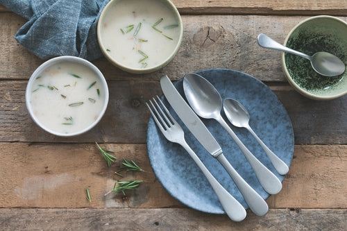 5 Piece Vintage Italian 18/10 Stainless Steel Flatware Set – Double Serrated Knives, Rustic Finish