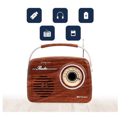 Emerson Retro Radio Bluetooth 5.0 Portable AM/FM Rechargeable Analog Wood Finish