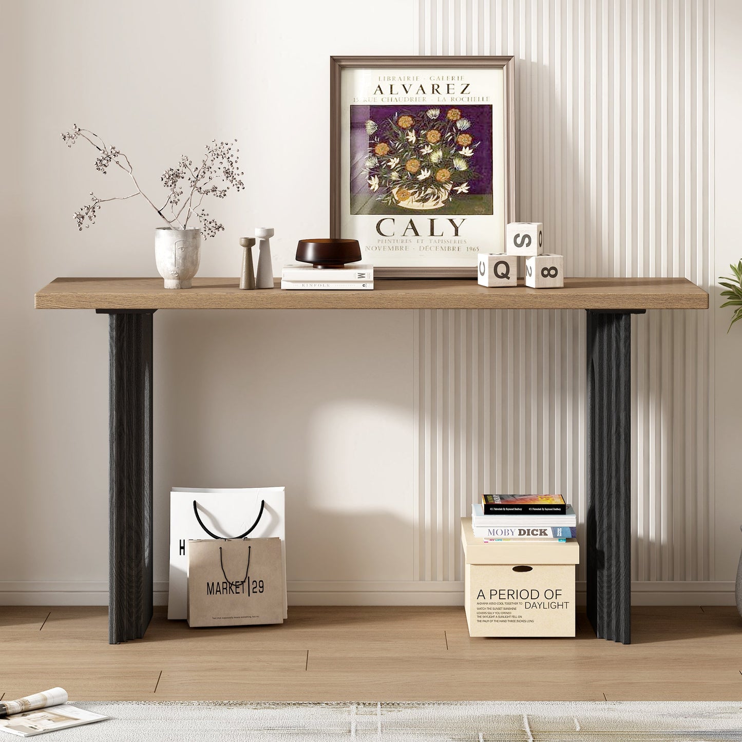 Modern Console Table with Unique Round Hollow Legs - Natural Wood Finish