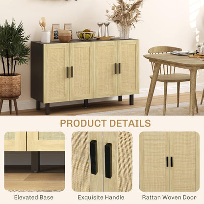 Boho Chic Rattan Buffet Cabinet with Adjustable Shelves – Black & Natural