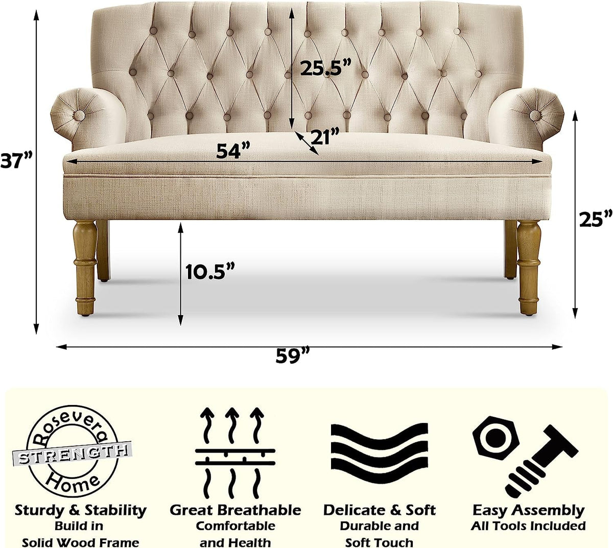 Beige tufted bench with dimensions and features listed below.