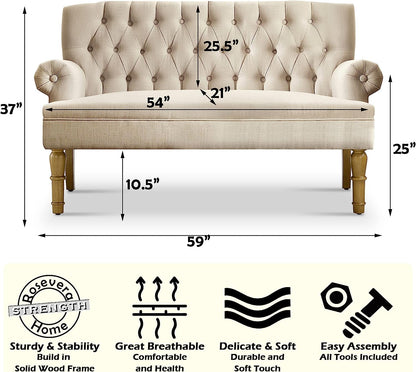 Beige tufted bench with dimensions and features listed below.