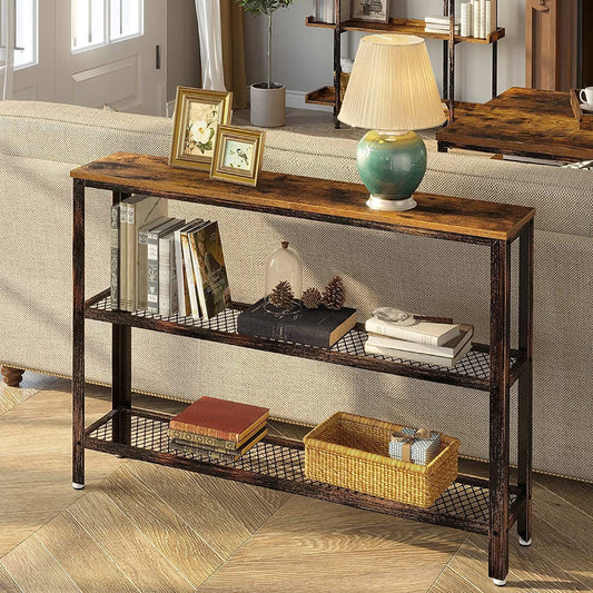47" Narrow Rustic Console Table with 2-Tier Metal Shelves