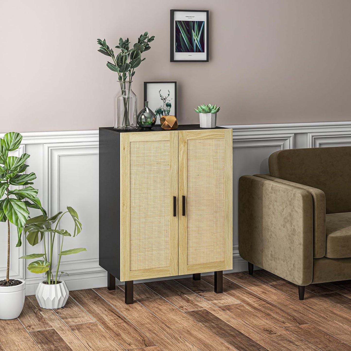Boho Chic Buffet Cabinet with Woven Rattan Doors – Modern Storage Sideboard
