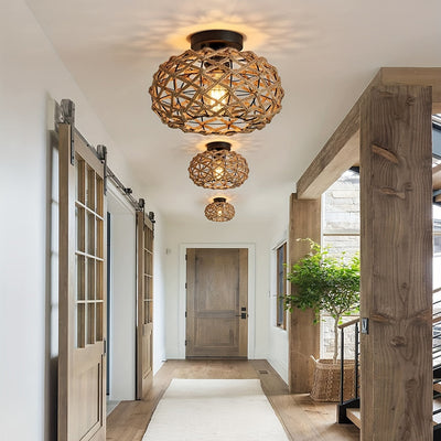 Boho Woven Hemp Semi-Flush Ceiling Light