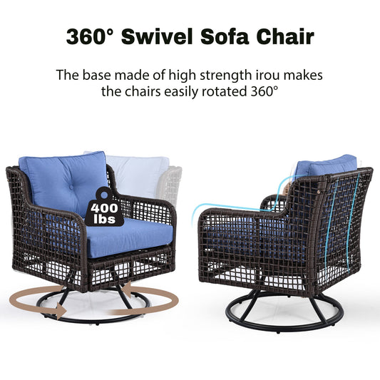 5-Piece Outdoor Swivel Patio Furniture Set with Blue Cushions and Wood Coffee Table