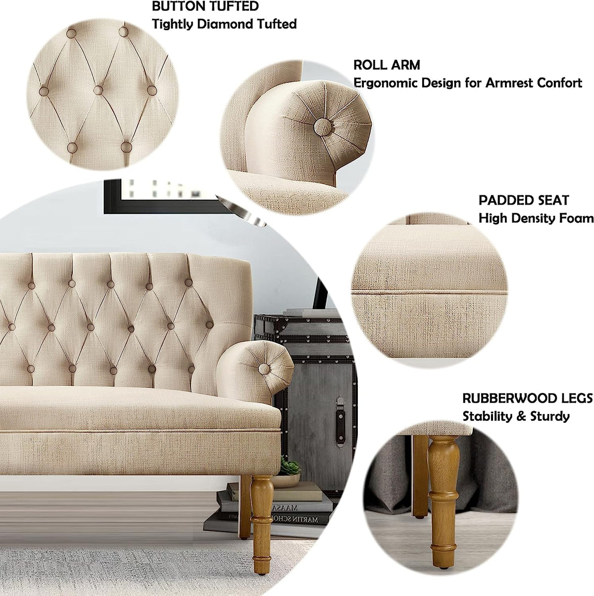 Beige armchair with detailed features highlighted on a white background