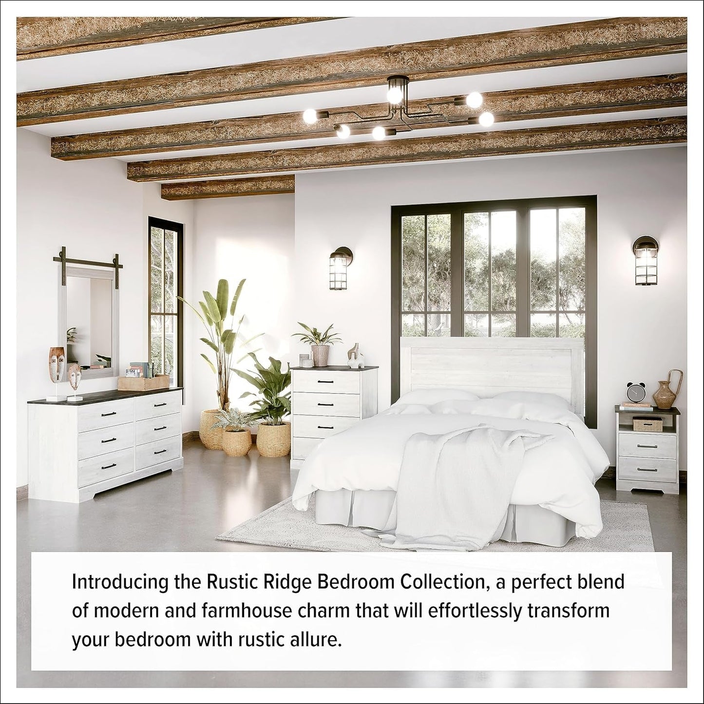 Whitewash Farmhouse Dresser with Rustic Planked Top - 53 In.