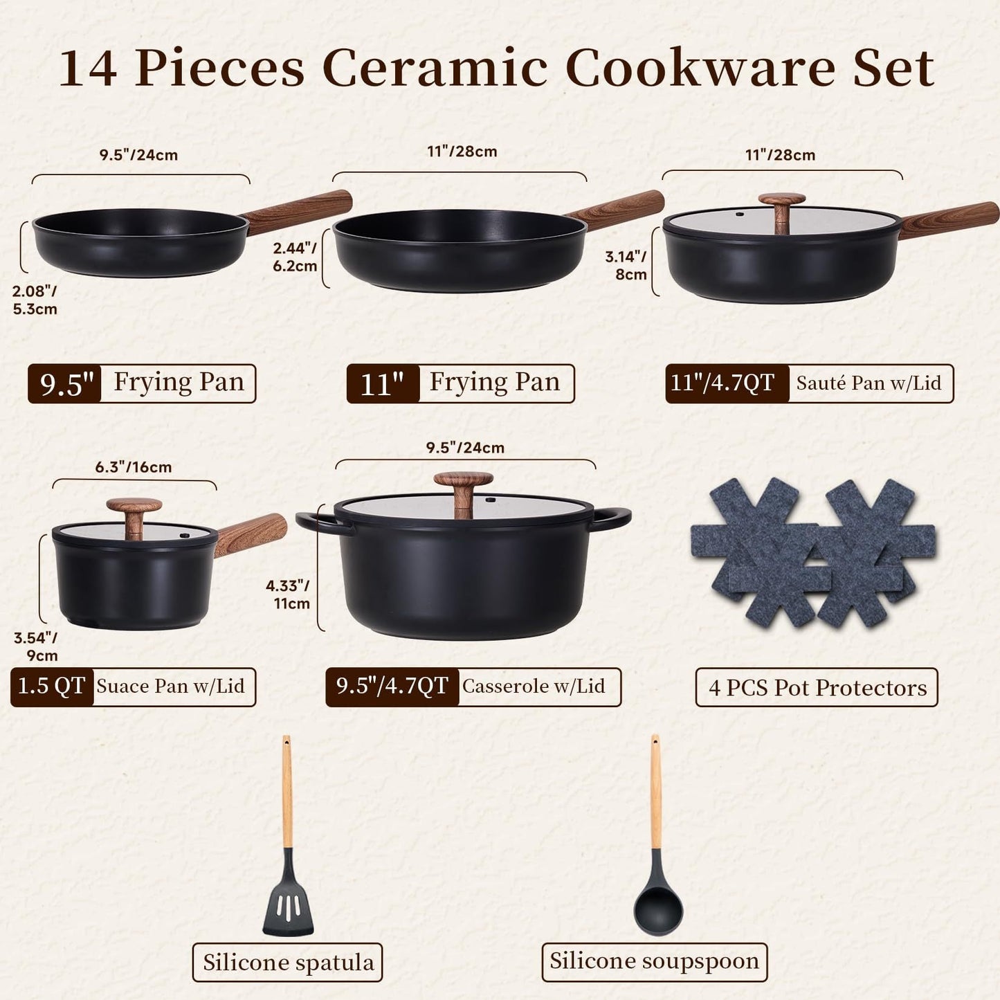 Oven-Safe, Stackable Ceramic Cookware Set for Induction Stoves