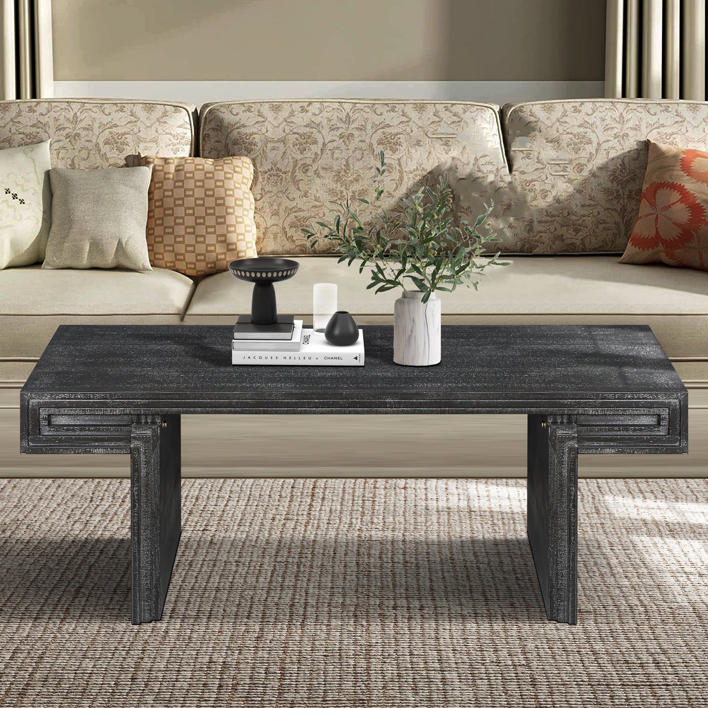 American Vintage Industrial Coffee Table, Premium Reclaimed Lacquered Black Wood Replica