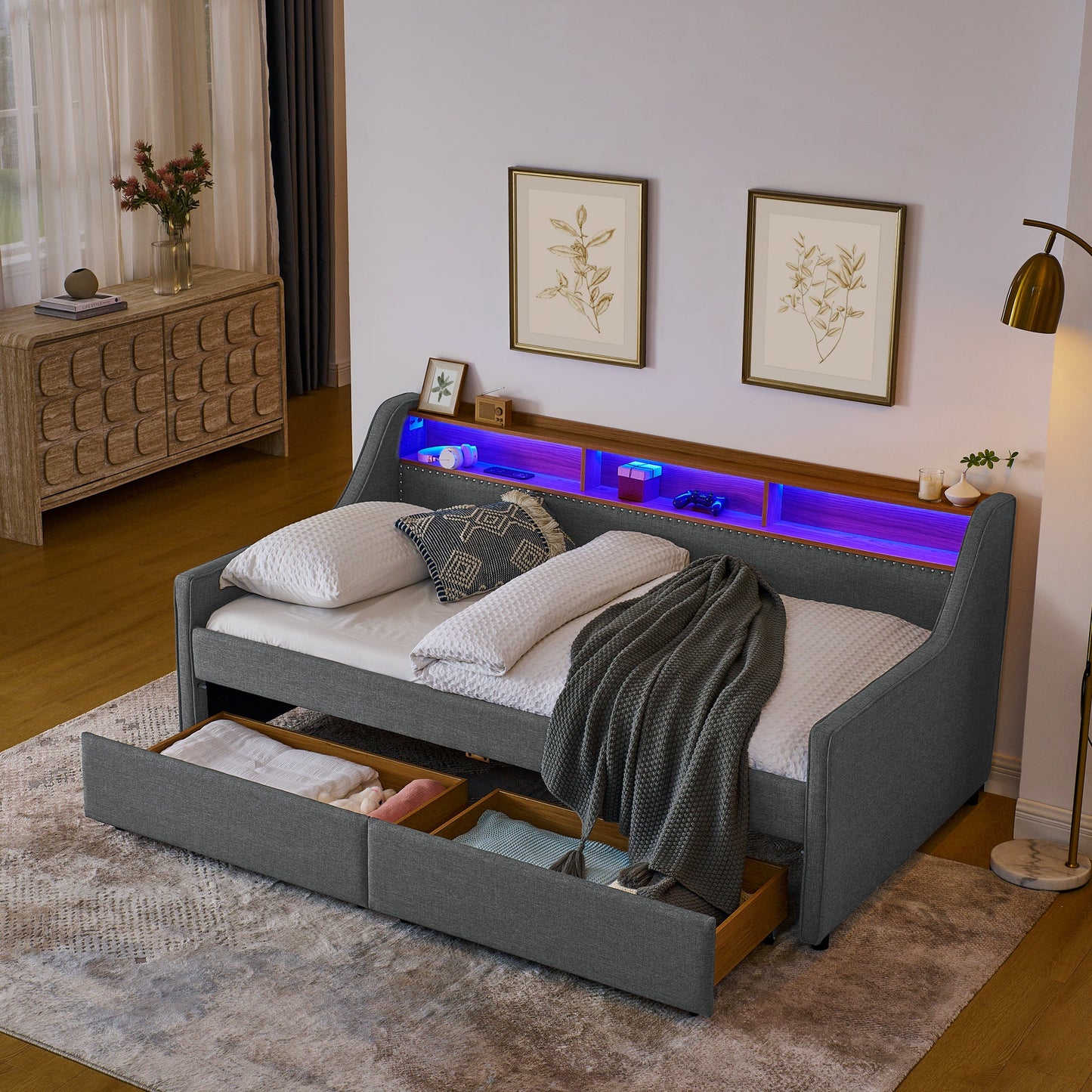 Modern Twin Bed Frame with Headboard Storage and RGB Lights Decor Moxie Home Finds