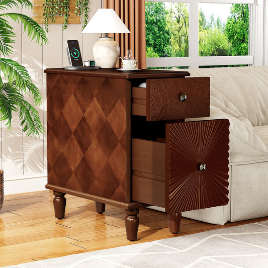 Mid-Century Modern 2-Drawer Nightstand with 2 USB / 2 AC Charging Station (Walnut)