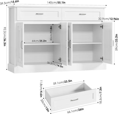 Luxury White Sideboard – 36" Tall Buffet Cabinet with Storage & Silver Pulls