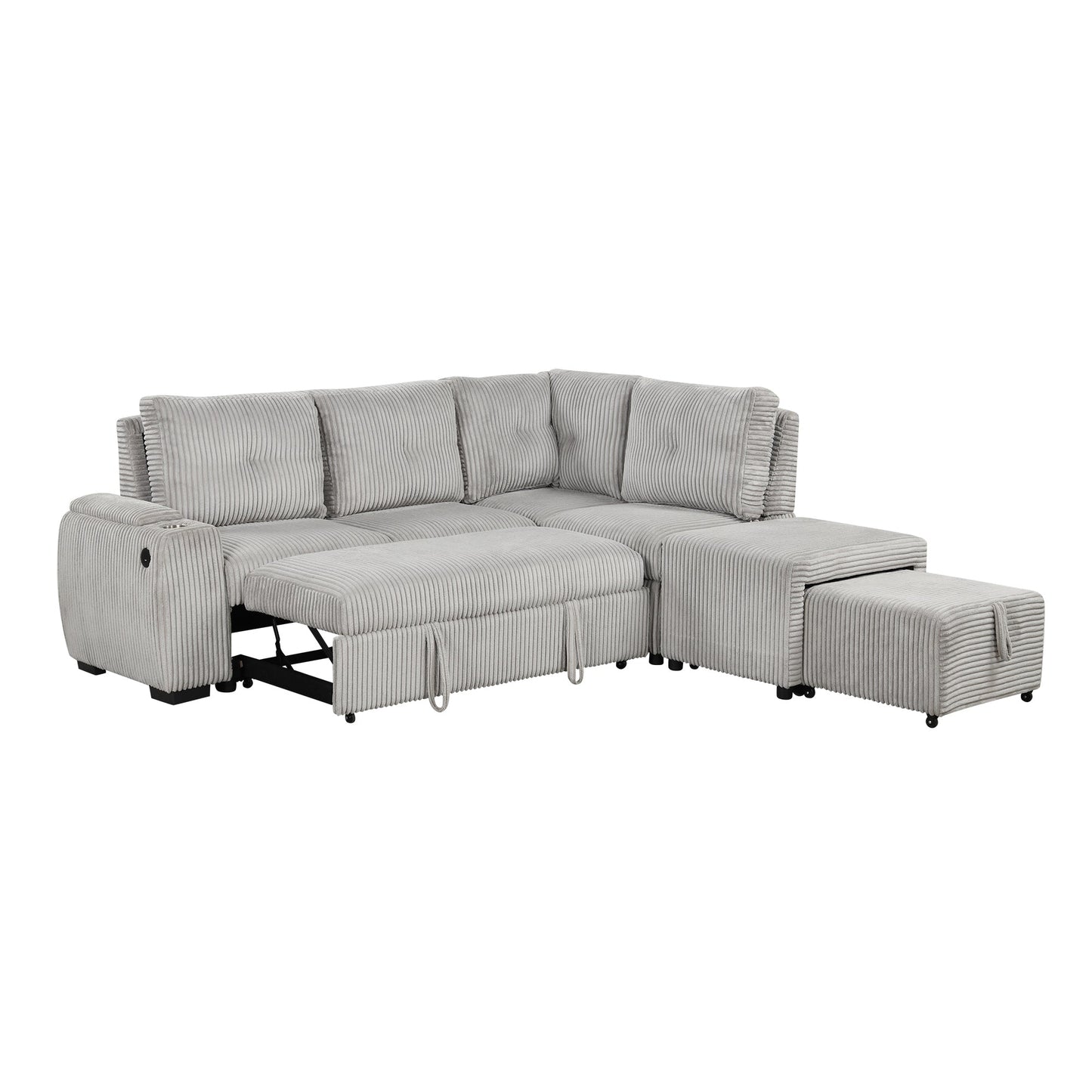 Light Grey Corduroy Sectional Sofa Bed with Built-in USB, Storage, and Movable Ottoman