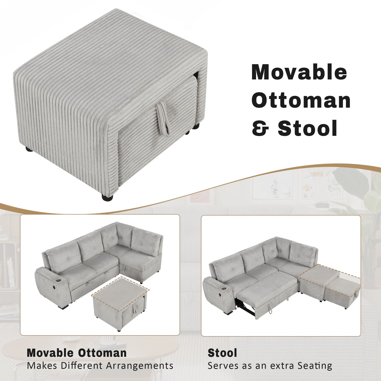 Light Grey Corduroy Sectional Sofa Bed with Built-in USB, Storage, and Movable Ottoman