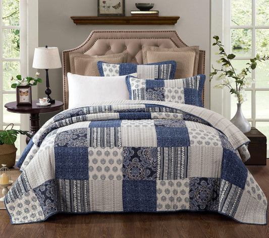 DaDa Bedding Bohemian Denim Blue Elegance Patchwork Cotton Bedspread