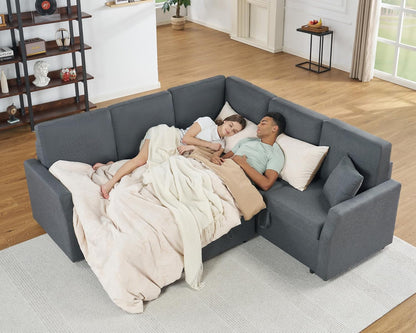 Grey L-Shaped Sleeper Sectional Sofa with Pull-Out Bed & Storage