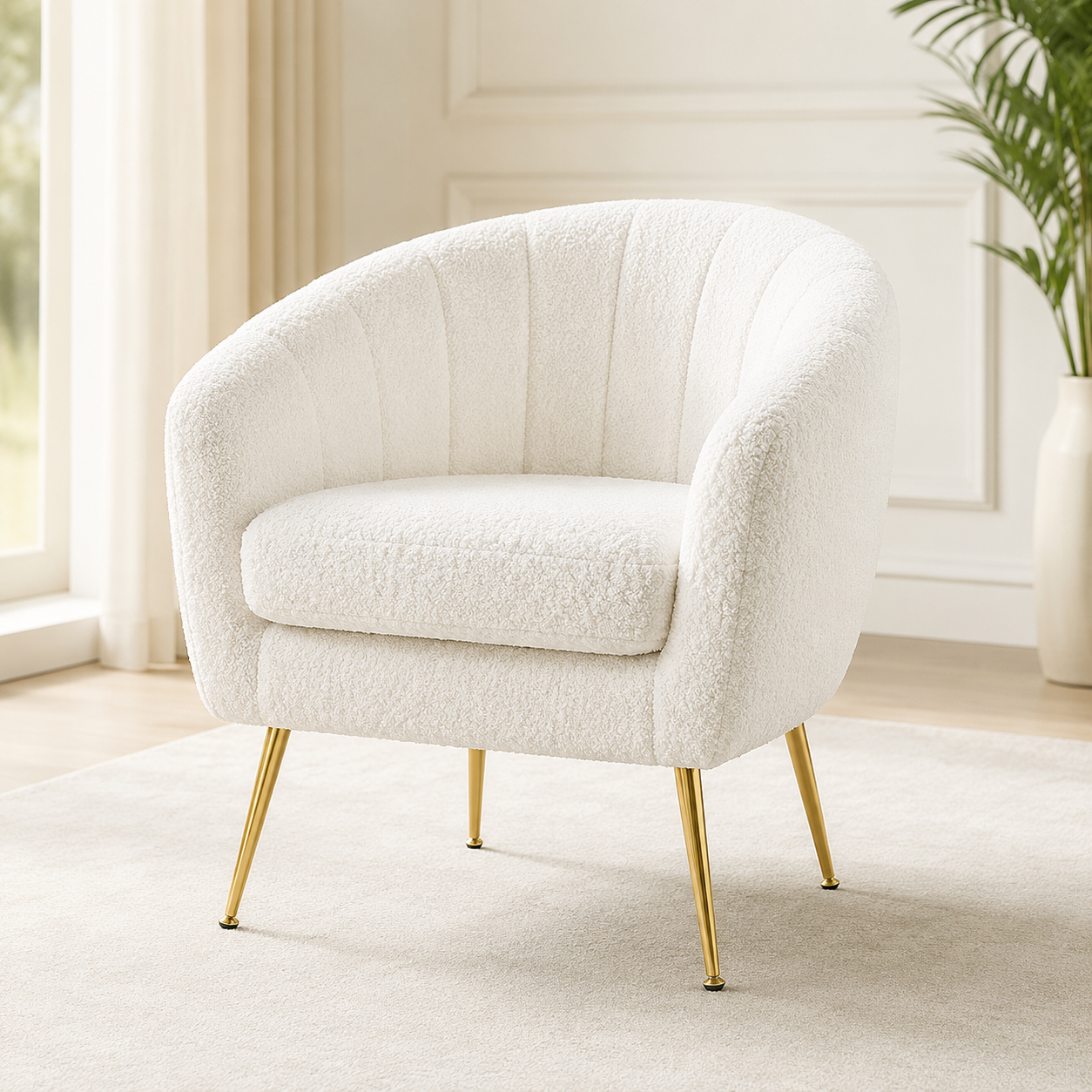 Ivory Tufted Bouclé Barrel Accent Chair with Gold Metal Legs