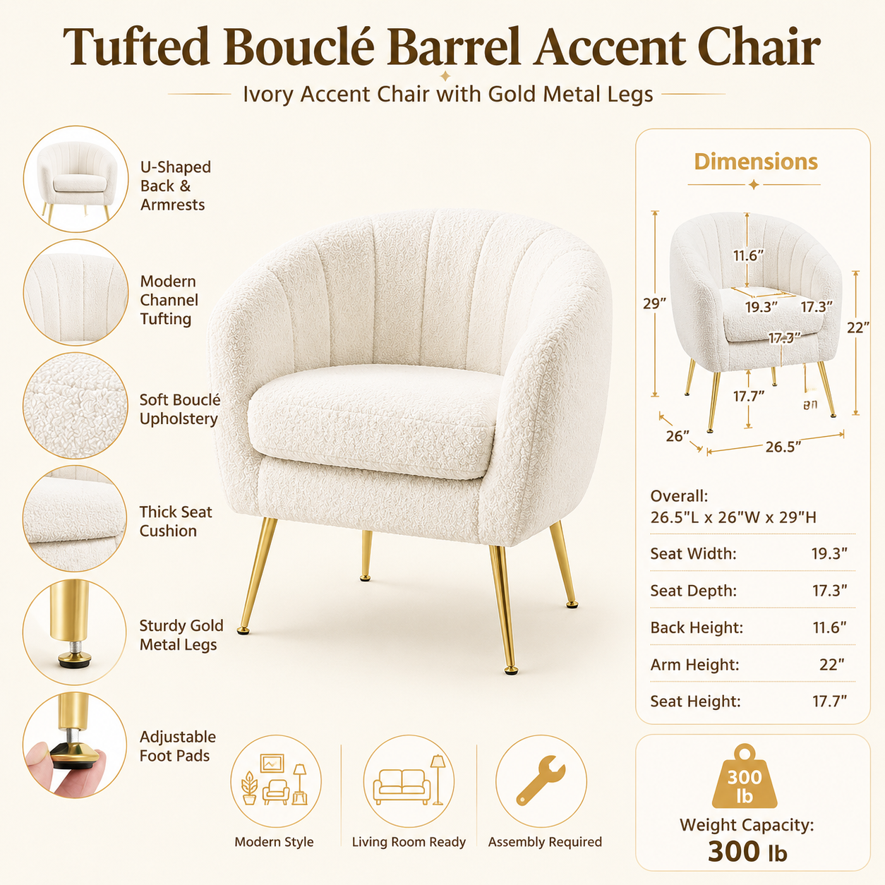 Ivory Tufted Bouclé Barrel Accent Chair with Gold Metal Legs