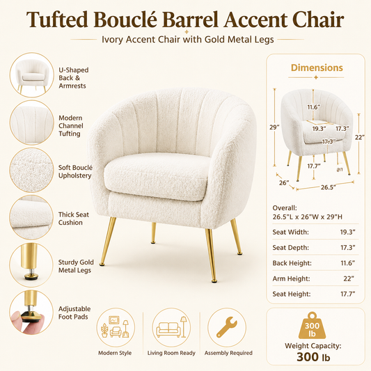Ivory Tufted Bouclé Barrel Accent Chair with Gold Metal Legs