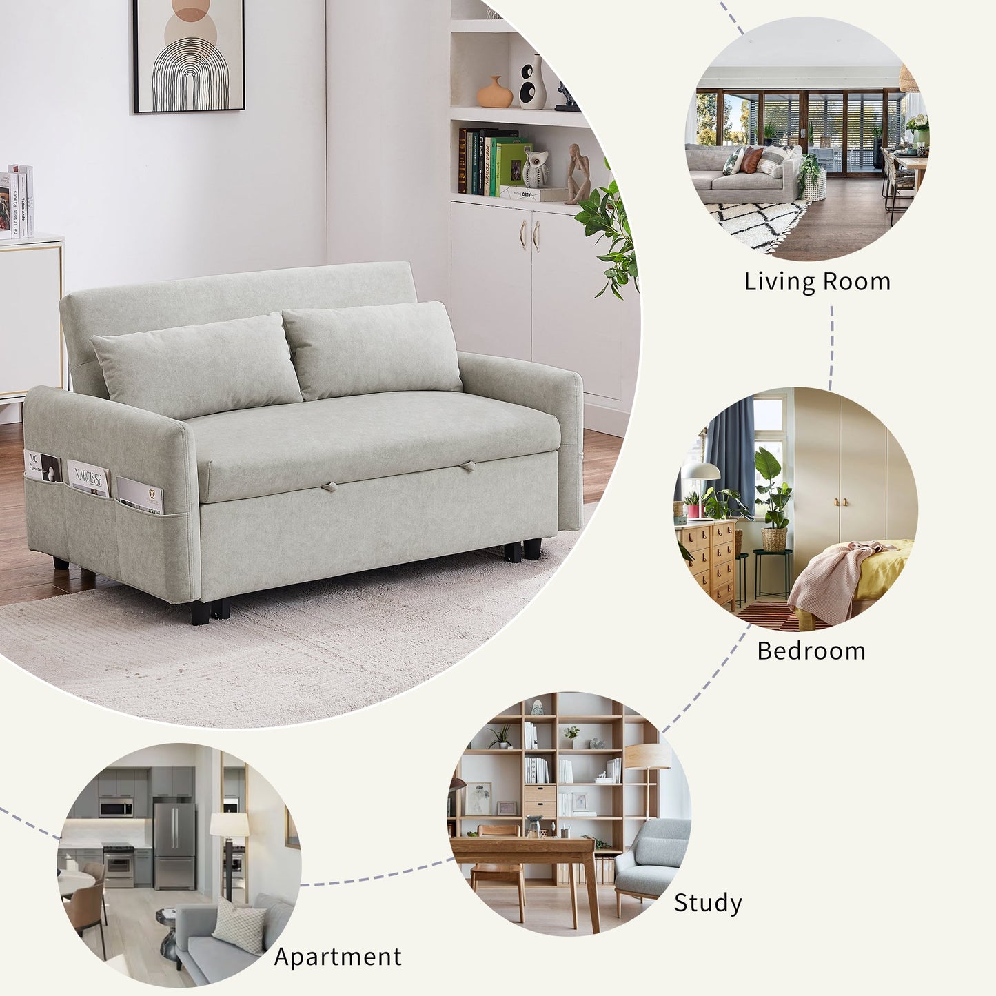 Gray sofa bed in a living room setting with additional scenes labeled as bedroom, apartment, and study.