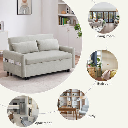 Gray sofa bed in a living room setting with additional scenes labeled as bedroom, apartment, and study.