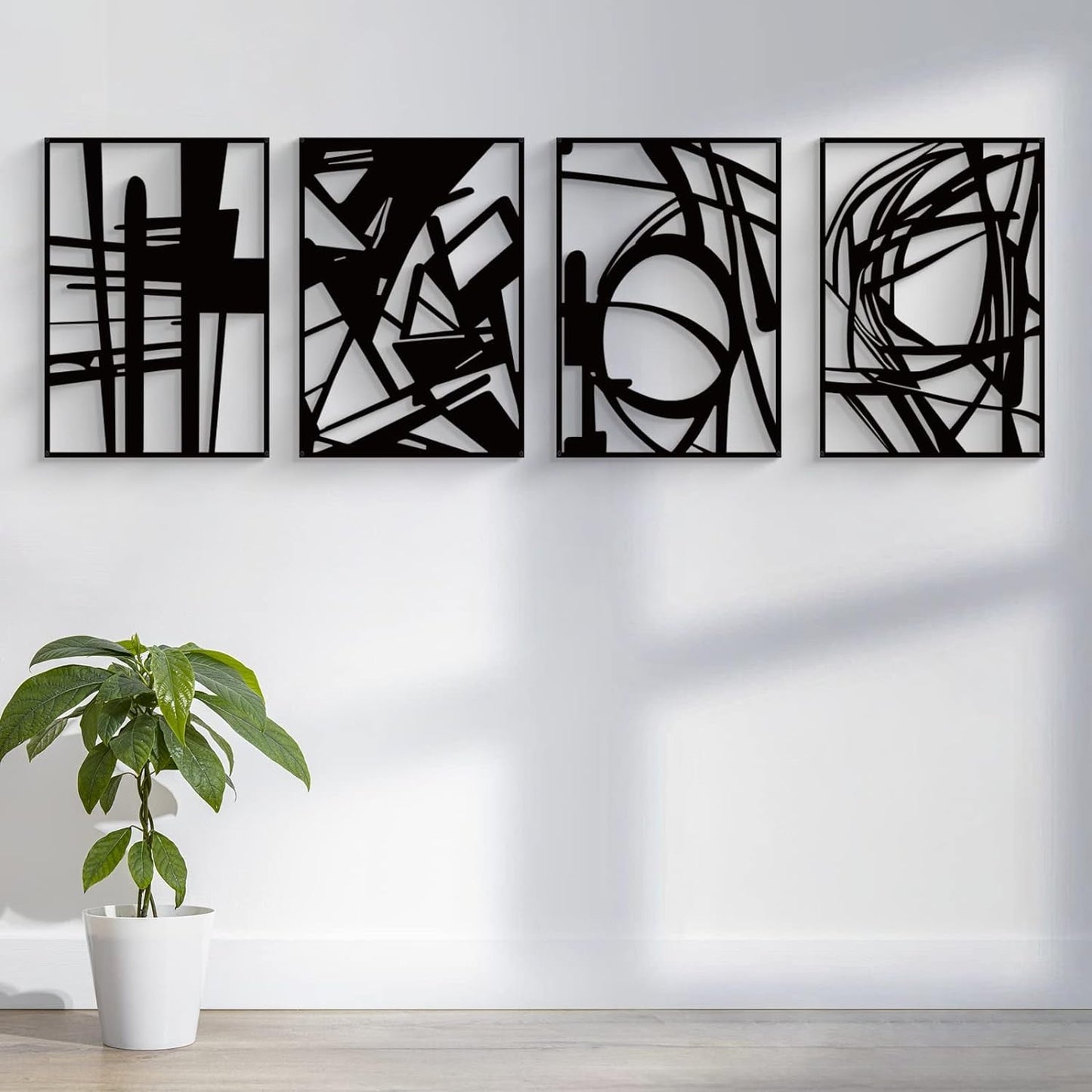 4-Piece Black Metal Abstract Wall Art Set (16" x 11" Each) - 3D Hollow Design