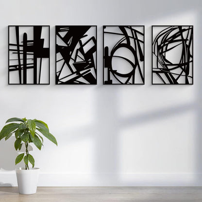 4-Piece Black Metal Abstract Wall Art Set (16" x 11" Each) - 3D Hollow Design