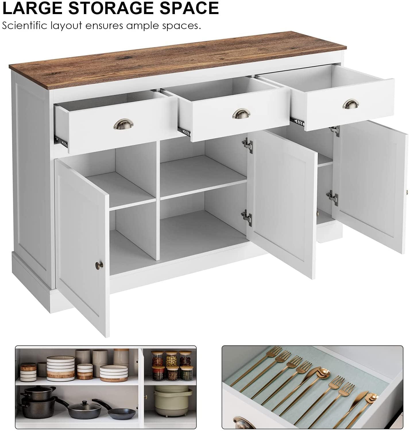 Modern Farmhouse Buffet Cabinet | White with Gold Knobs, Wine Storage, Adjustable Shelves