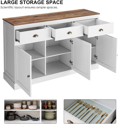 Modern Farmhouse Buffet Cabinet | White with Gold Knobs, Wine Storage, Adjustable Shelves
