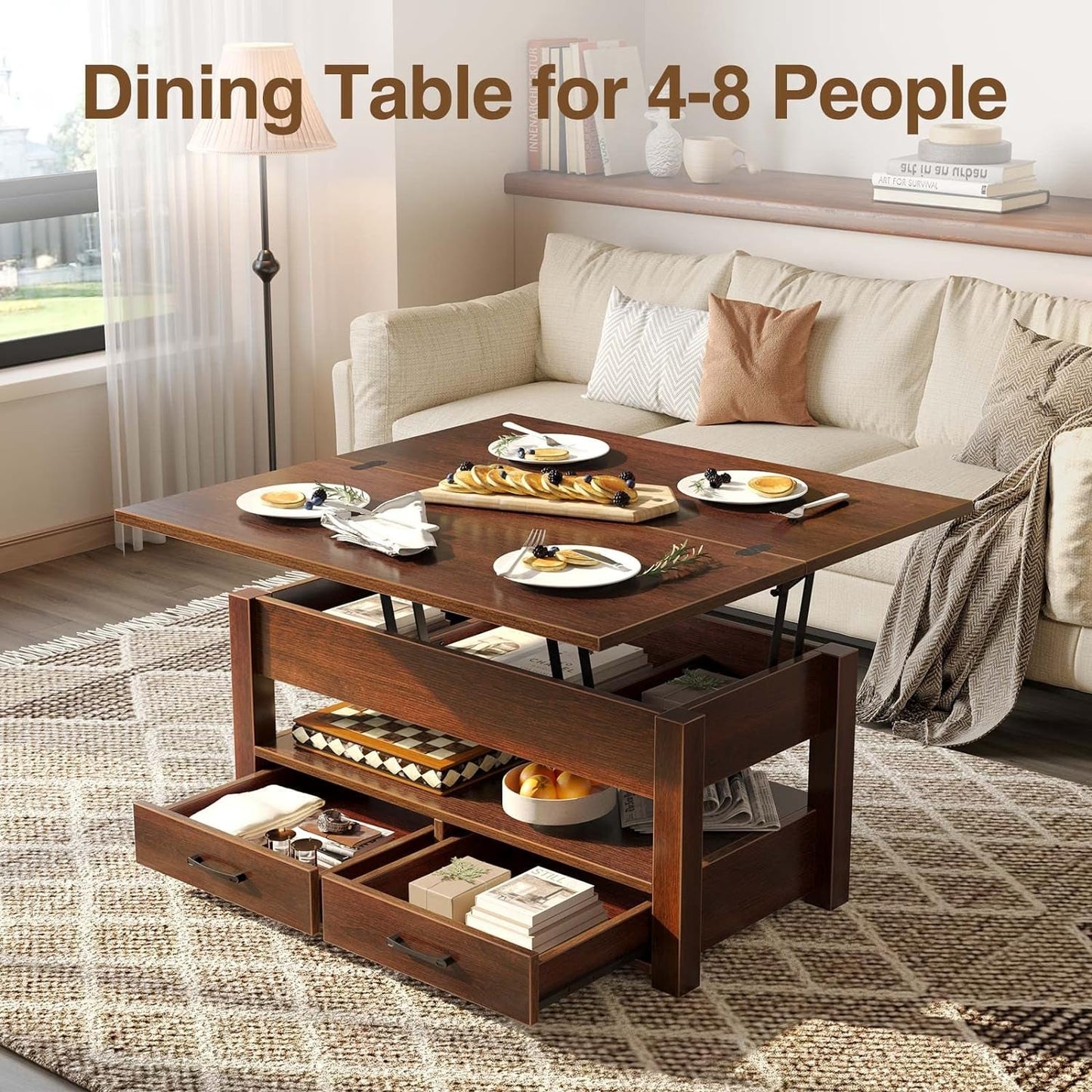 Multi-Functional Coffee Table with Rotating Top for Dining or Work