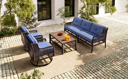 5-Piece Outdoor Swivel Patio Furniture Set with Blue Cushions and Wood Coffee Table