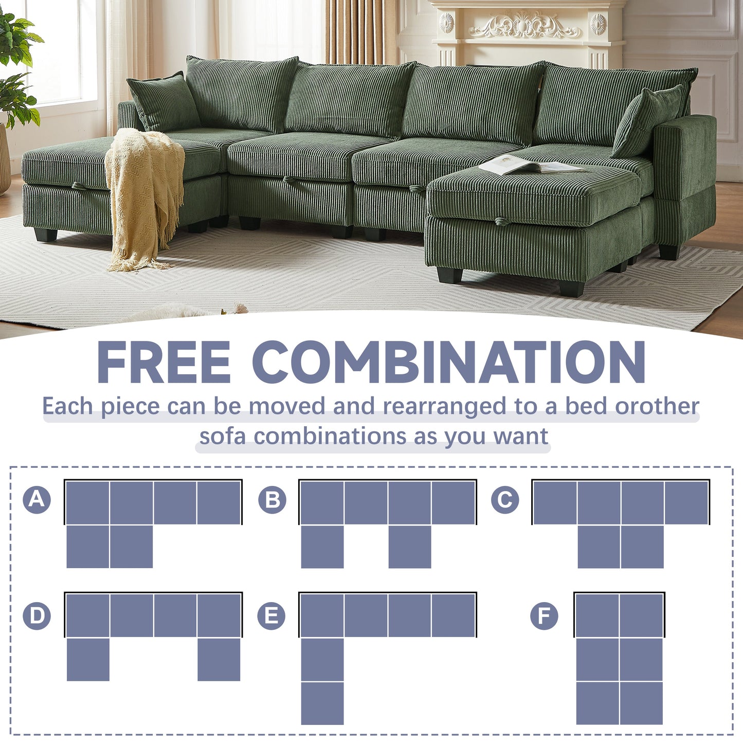 113.5'' Convertible Modular Sofa with Corduroy Fabric & Hidden Storage