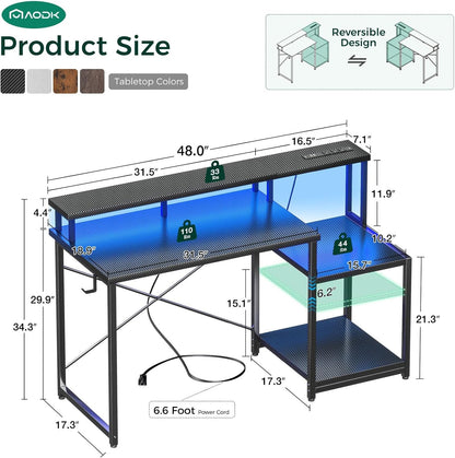 Computer Desk with LED Lights & Power Outlets