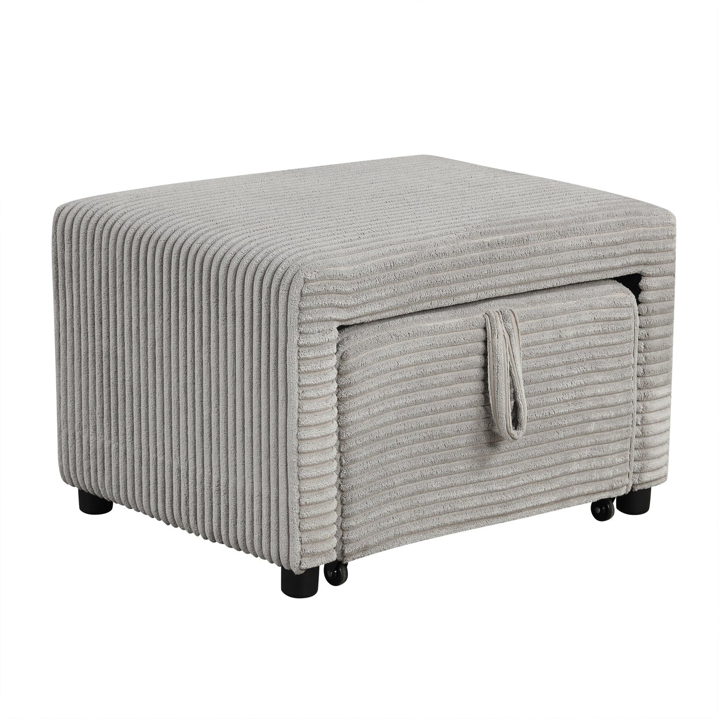 Light Grey Corduroy Sectional Sofa Bed with Built-in USB, Storage, and Movable Ottoman