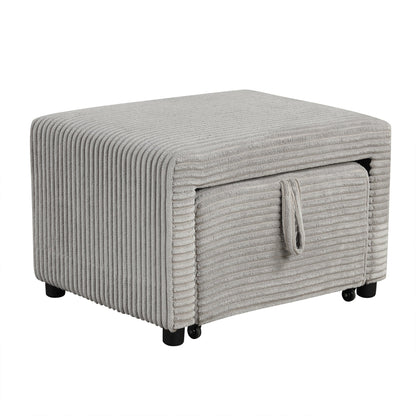 Light Grey Corduroy Sectional Sofa Bed with Built-in USB, Storage, and Movable Ottoman