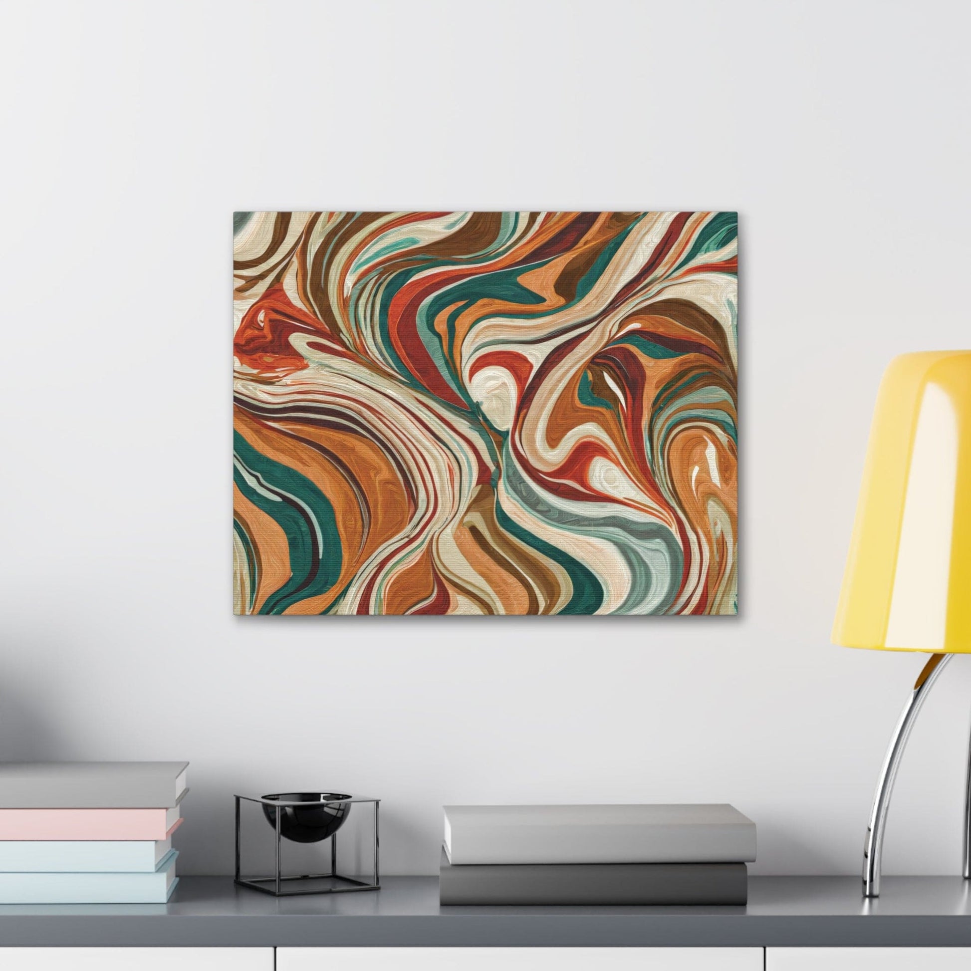 A canvas wall art print featuring an abstract marble design with swirls of brown, white, and green mounted on a wall above a shelf with books and a decorative object.