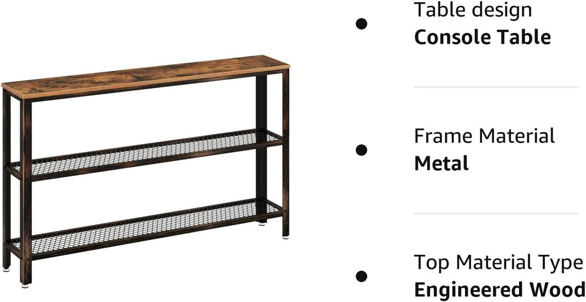 Console table with metal frame and engineered wood top on a white background