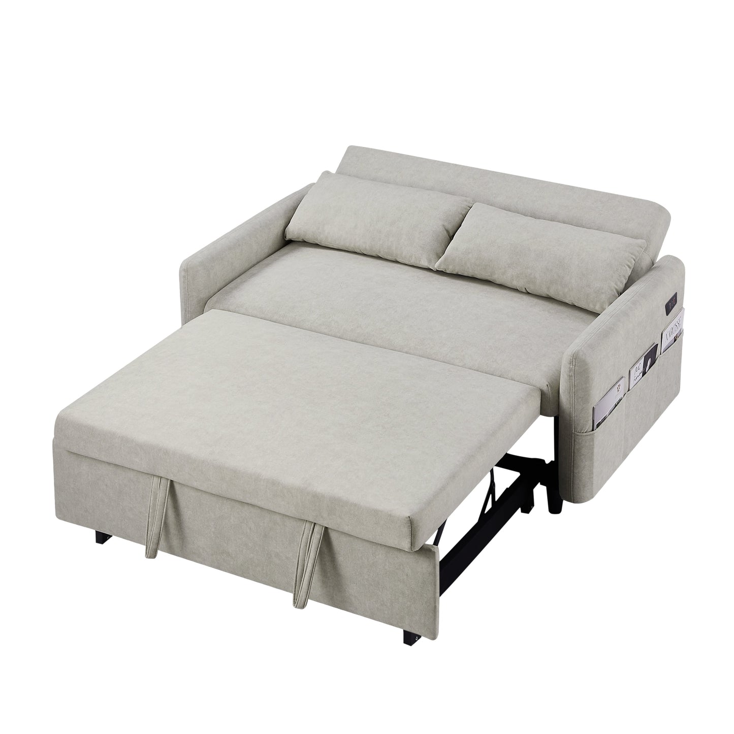 2-Seat Microfiber Sofa Bed with Pillows and Side Storage