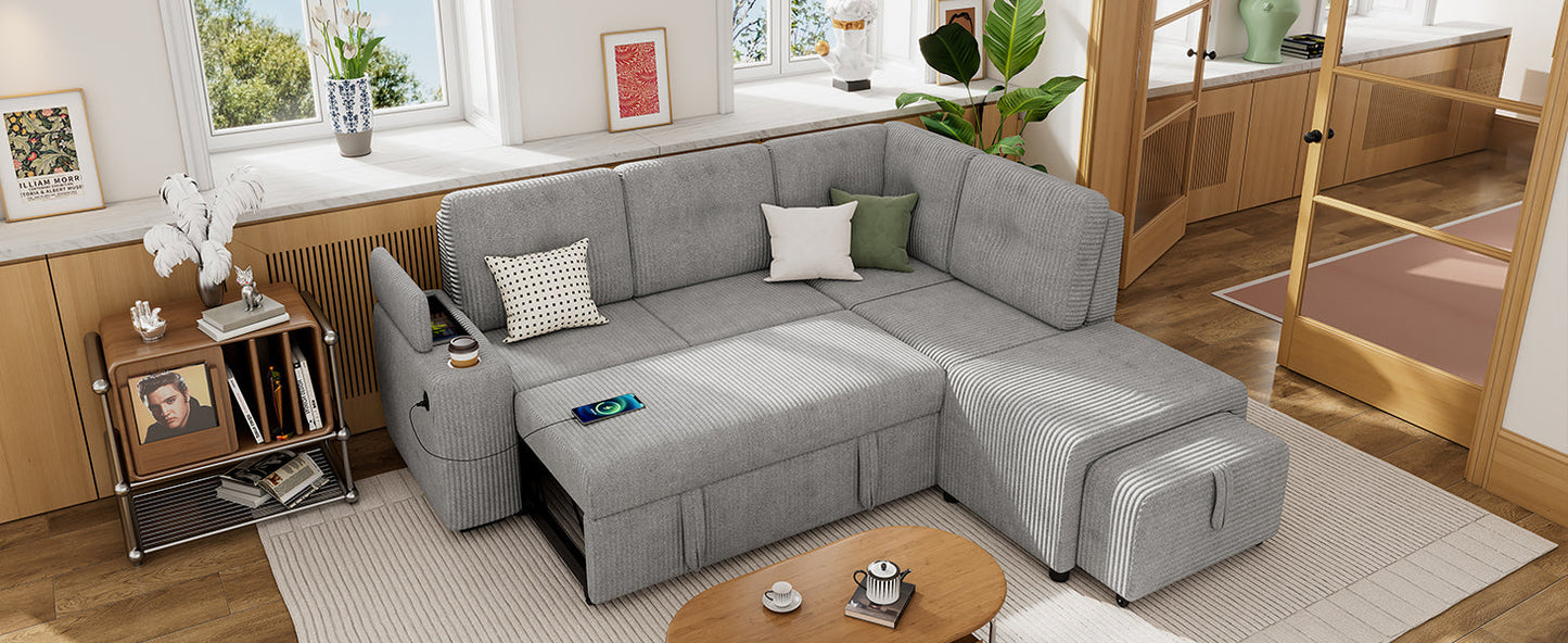 Light Grey Corduroy Sectional Sofa Bed with Built-in USB, Storage, and Movable Ottoman