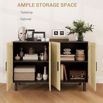 Boho Chic Rattan Buffet Cabinet with Adjustable Shelves – Black & Natural