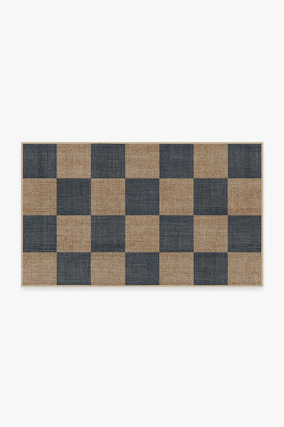 Modern Checkerboard Jute Rug | Soft Navy & Cream Chenille