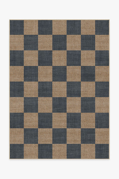 Modern Checkerboard Jute Rug | Soft Navy & Cream Chenille