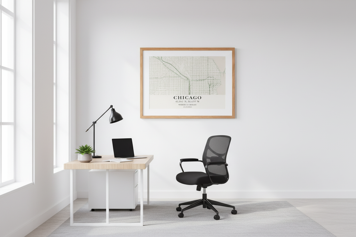 Framed map of Chicago with coordinates and date on a white background