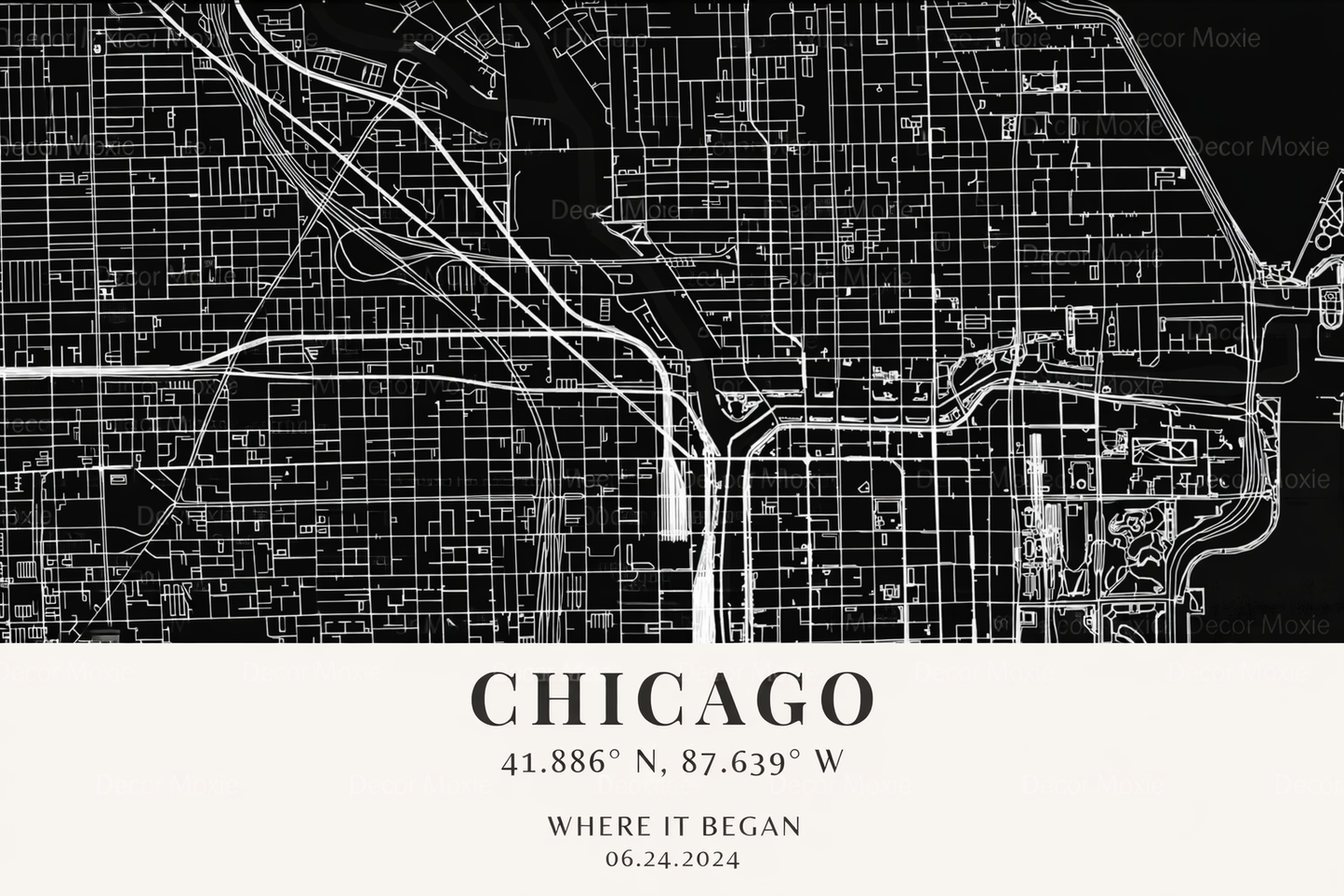 Black and white map of Chicago with coordinates and date text.