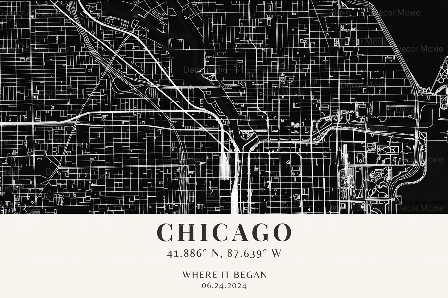 Black and white map of Chicago with coordinates and date text.