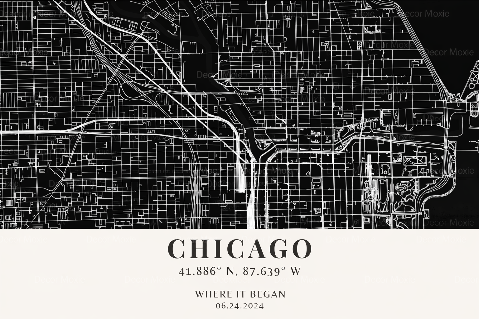 Black and white map of Chicago with coordinates and date text.